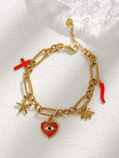 Stainless Steel Charm Bracelet For Women Playful Vintage Thread Stitching Eyes Starfish Bee Cross Pepper Charms ✨🐝⭐🌶