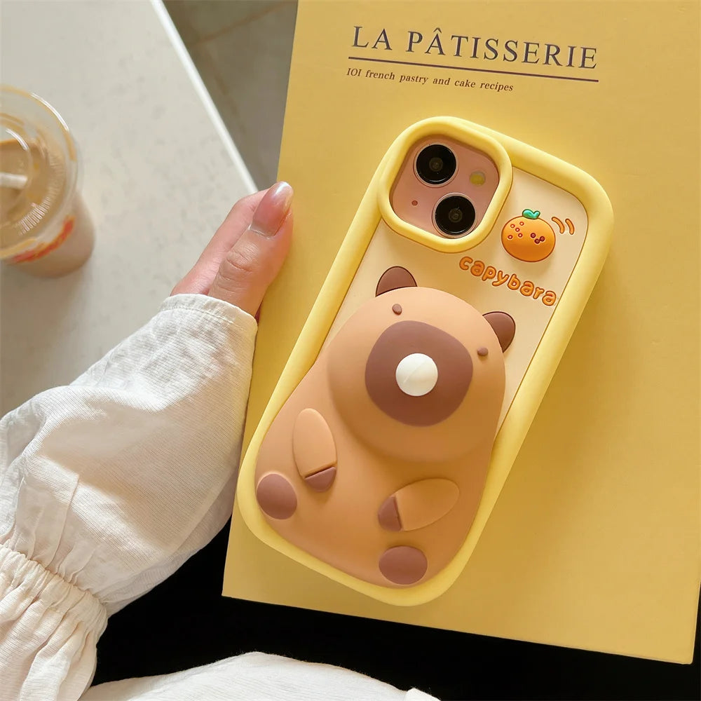 Adorable Kawaii Capybara Squishy Phone Case for iPhone 15/14/13/12/11 Pro Max 🐾💖 – Soft Silicone Bubble Blower Protection!
