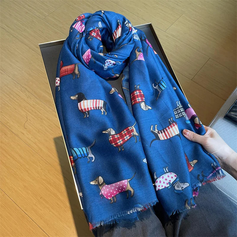 Charming Dachshund Pattern Fringe Scarf Hijab Soft Viscose Shawl Wrap 🐶✨