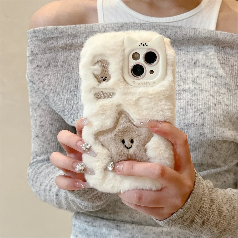 Kawaii Plush Star & Moon iPhone Case 🌙✨ | Fluffy Furry Cover for iPhone 14 15 16 Plus 13 Pro Max 11 12 | Cute Winter Accessory!