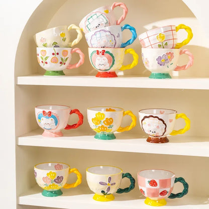 Charming Kawaii 450ml Hand-Painted Ceramic Mug ☕️✨ Cute Breakfast Oatmeal Cup for Joyful Mornings! 🎉