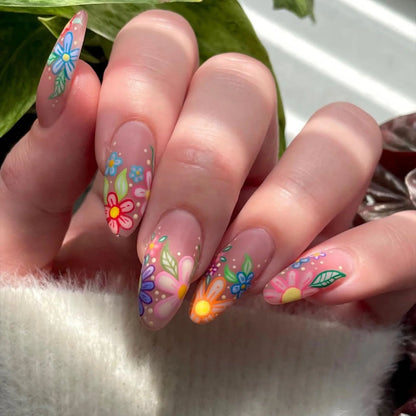 Cute Floral Fantasy 🌸✨ 24pcs Kawaii Press-On Nails - Colorful Almond Shaped Fake Nails for Spring/Summer Fun!