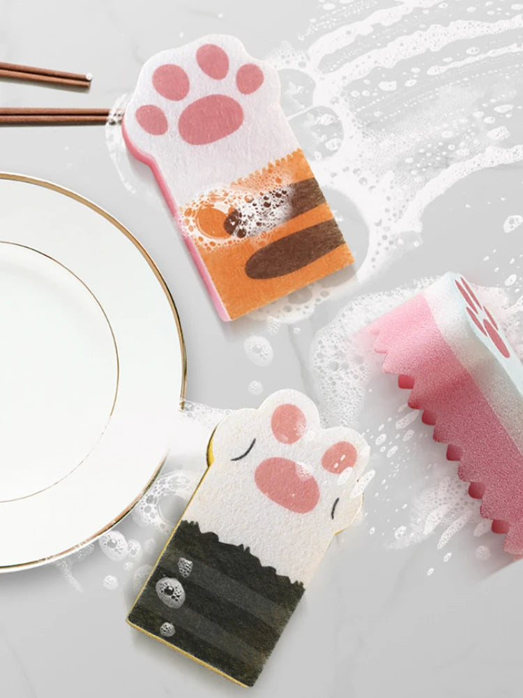 Kawaii Cat Paw Kitchen Scrub Sponges 🐾✨ - Heavy Duty Non-Scratch Dishwashing Pads (3PCS) for Fun & Effective Cleaning! 🧼💖