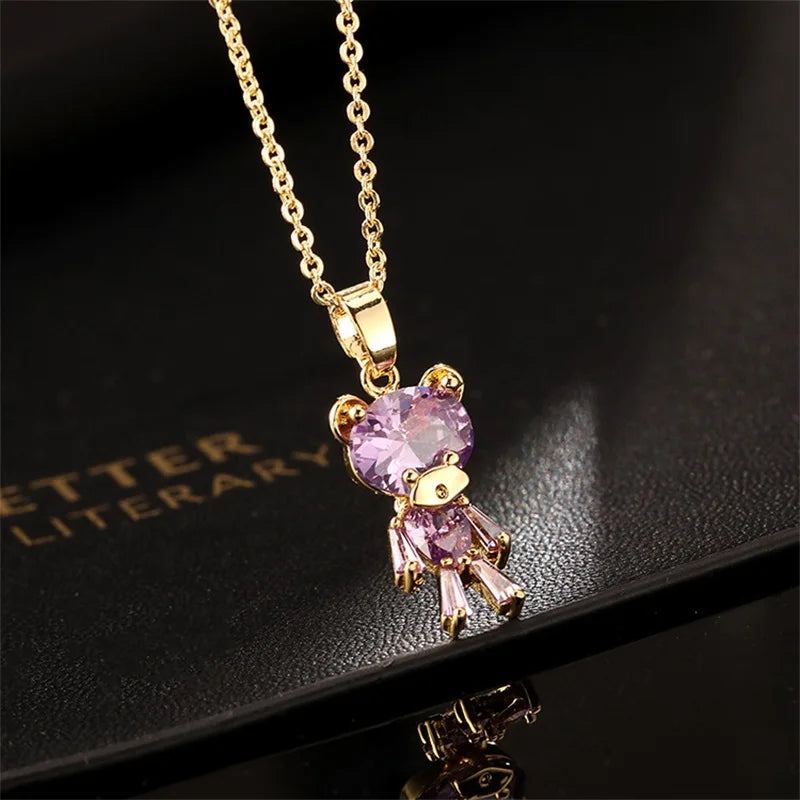 Pink Zircon Necklace Personalized 🐰🌸 Animal Clavicle Chain Stainless Steel