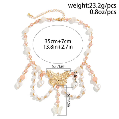 Kawaii Butterfly Love Heart Pendant Necklace ✨🌸 | Y2K Choker with Imitation Pearls & Tassel Charm for Women 🦋💕