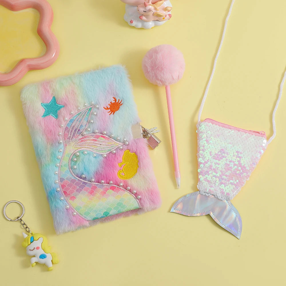 Kawaii Mermaid Plush Stationery Set 🧜‍♀️✨ - Fishtail Notebook, Cute Ballpoint Pen & Crossbody Bag for School & Office Supplies! 🌟📚🎒