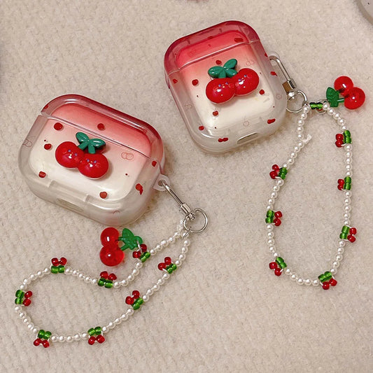 🍒 Adorable 3D Cherry TPU AirPods Case with Pearl Bracelet ✨💕 - Pixie Quill