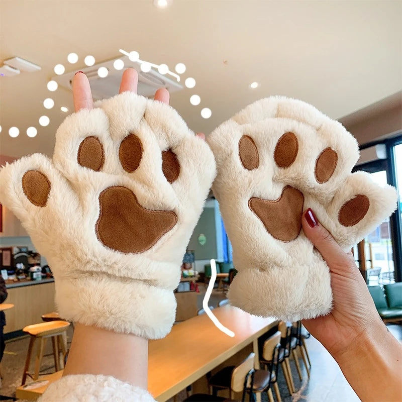 Fluffy Cat Paw Gloves Plush Mittens For Women Warm Half Finger Cozy Bear 🐱🐻