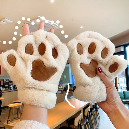 Fluffy Cat Paw Gloves Plush Mittens For Women Warm Half Finger Cozy Bear 🐱🐻