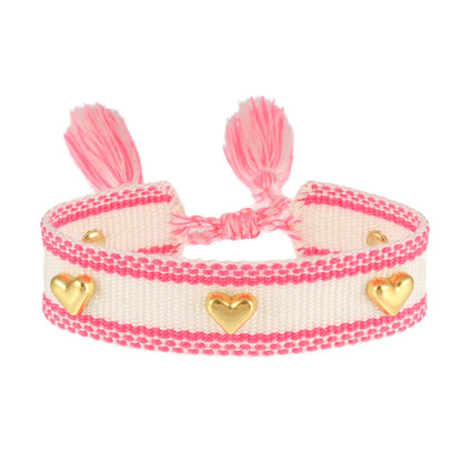 Kawaii Heart Studded Woven Bracelet 🌈✨ | Vintage Tassel Charm for Trendy Arm Stacking 💖