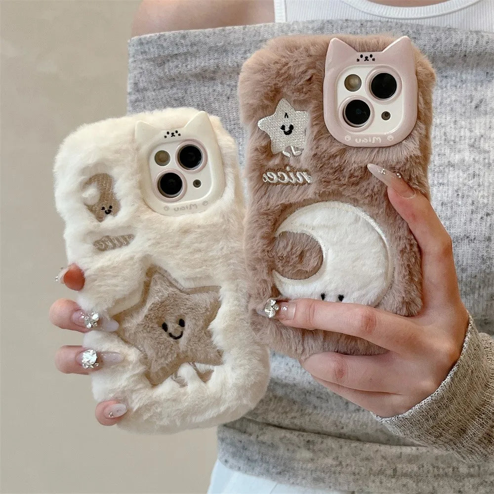 Kawaii Plush Star & Moon iPhone Case 🌙✨ | Fluffy Furry Cover for iPhone 14 15 16 Plus 13 Pro Max 11 12 | Cute Winter Accessory!