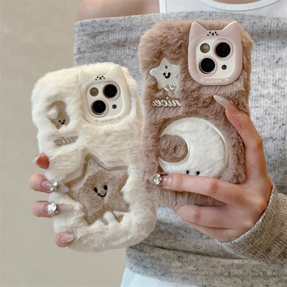 Kawaii Plush Star & Moon iPhone Case 🌙✨ | Fluffy Furry Cover for iPhone 14 15 16 Plus 13 Pro Max 11 12 | Cute Winter Accessory!