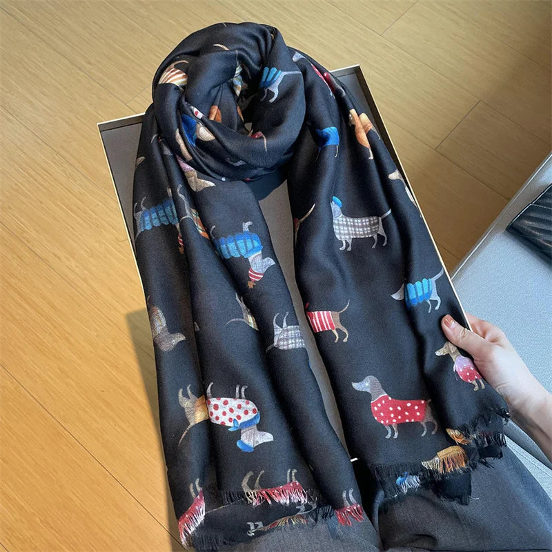 Charming Dachshund Pattern Fringe Scarf Hijab Soft Viscose Shawl Wrap 🐶✨