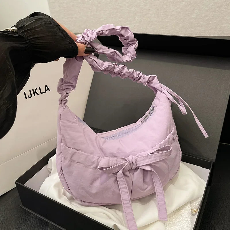 ✨Adorable Pleated Bow Hobo Bag 🎀 - Trendy Nylon Crossbody for Chic Girls! 🌟 - Pixie Quill