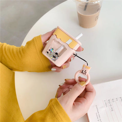 Kawaii Quicksand Glitter Bubble Milk Tea AirPods Pro Case 🌟🍵 | Cute 3D Silicone Cover for Wireless Earphones 🎧✨