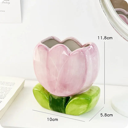 Kawaii Ceramic Flower Pen Holder 🌸 Cute Girl Desktop Organizer 🖊️ Adorable Office Storage Box 💖