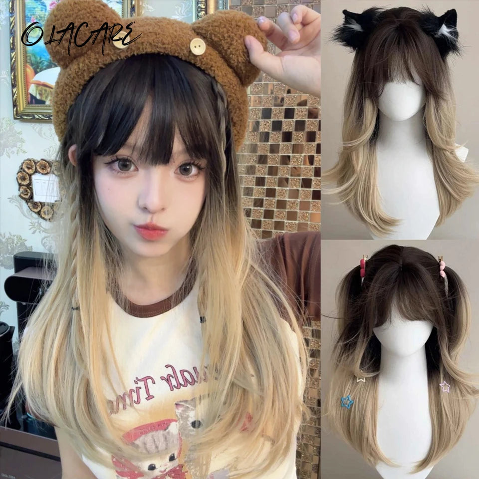 Enchanting Ombre Kawaii Wig 🌈✨ - Long Straight Lolita Style with Bangs in Glacier Blue & Blonde!