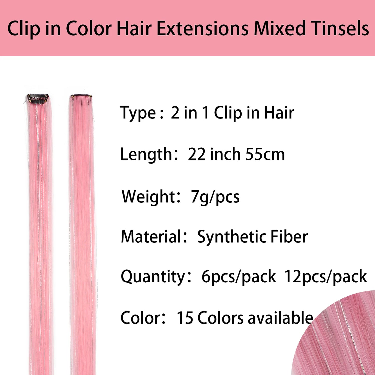 Clip In Pink Hair Extensions With Silver Tinsel Rainbow Highlights For Women ✨💖