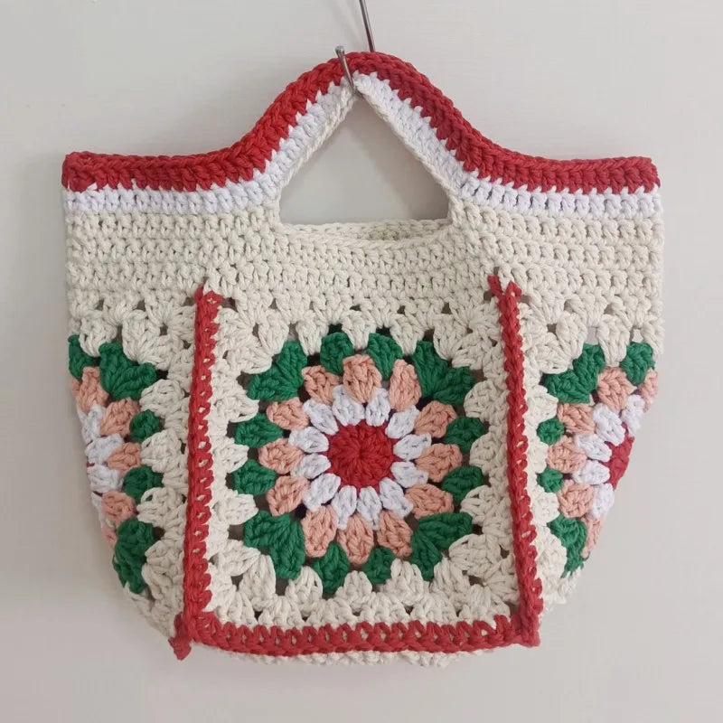 Granny Square Crochet Shoulder Bag For Women Handmade Yarn Canvas Shopper 🍓🧶