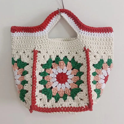 Granny Square Crochet Shoulder Bag For Women Handmade Yarn Canvas Shopper 🍓🧶