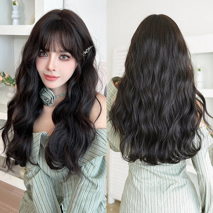Kawaii Dreamy Sakura Pink Wavy Wig 🌸✨ | High-Density Curly Hair with Bangs for Sweet Girls 💖🎀