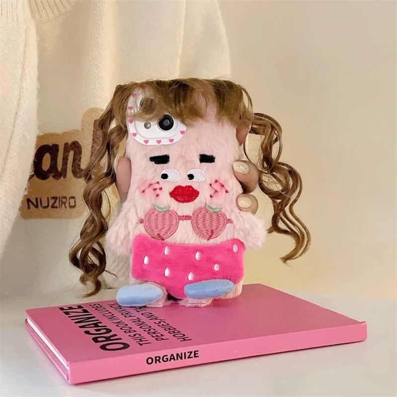 Kawaii Fluffy Cartoon Hair Girls iPhone Phone Case 🌈✨ Cute Plush Cover for iPhone 15/14/13/12/11 Pro Max!