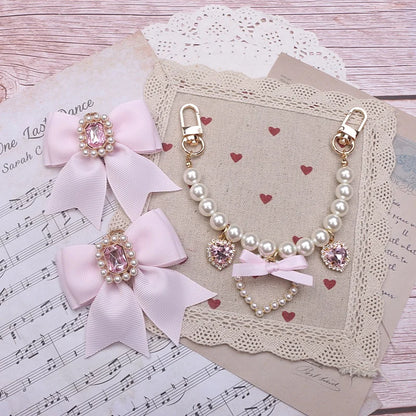 Kawaii Pearl Bow Rhinestone Love Pendant Bag Charm 🎀 | Handmade Japanese Sweet Accessories for Girls 💖✨