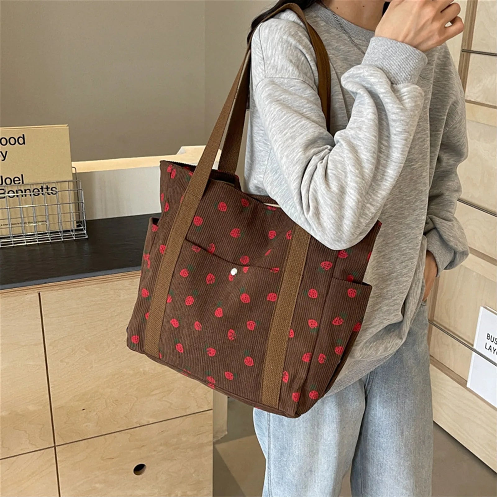 Strawberry Dreams 🍓✨ Cozy Corduroy Shoulder Bag for Stylish Adventures! 👜❤️ - Pixie Quill