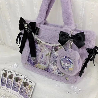 Kawaii Dreams: 3D Bow-Adorned Plush Ita Bag with Transparent Pockets 🦄✨