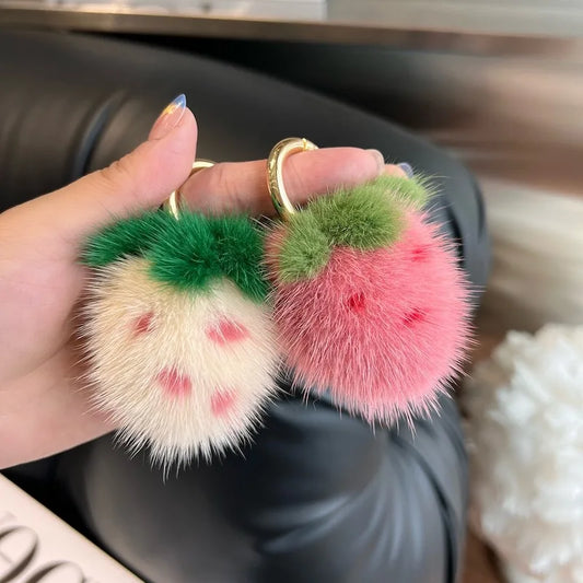 Adorable Kawaii Strawberry Mink Fur Keychain 🍓✨ - Fluffy Bag Charm & Cell Phone Pendant for Women! 👜💕