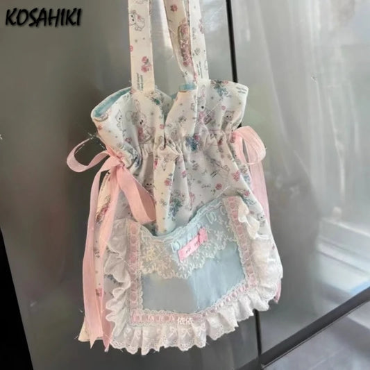 Kawaii Y2K Floral Bunny Bag 🎀✨ Drawstring Pleated Chic Shoulder Tote for Women