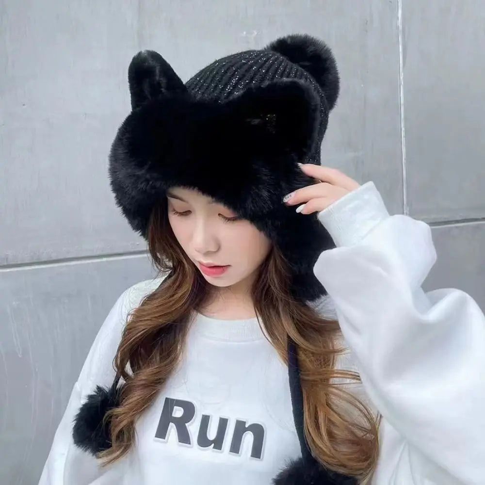 Cozy Cat Ear Beanie Hat For Women Warm Knit Two Fluffy Earflap Snow Beanie 🐱❄️