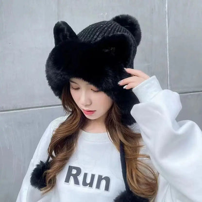 Cozy Cat Ear Beanie Hat For Women Warm Knit Two Fluffy Earflap Snow Beanie 🐱❄️
