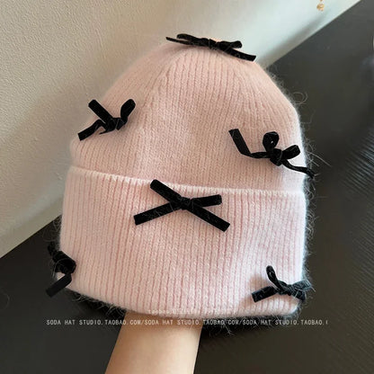 Charming Kawaii Rabbit Fur Velvet Bow Winter Hat 🎀❄️ - Cozy Ear Warmers for Women! 🐇✨