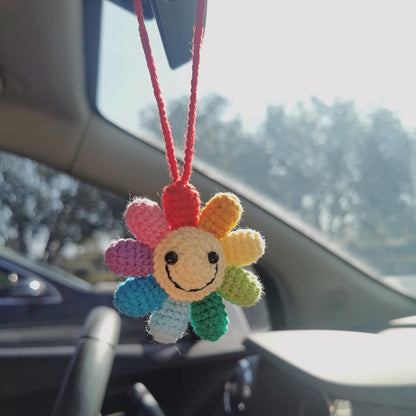 Kawaii Rainbow Flower Waffle Car Mirror Charm 🌸✨ | Handmade Crochet Decor for Joyful Vibes!