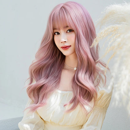 Kawaii Dreamy Sakura Pink Wavy Wig 🌸✨ | High-Density Curly Hair with Bangs for Sweet Girls 💖🎀
