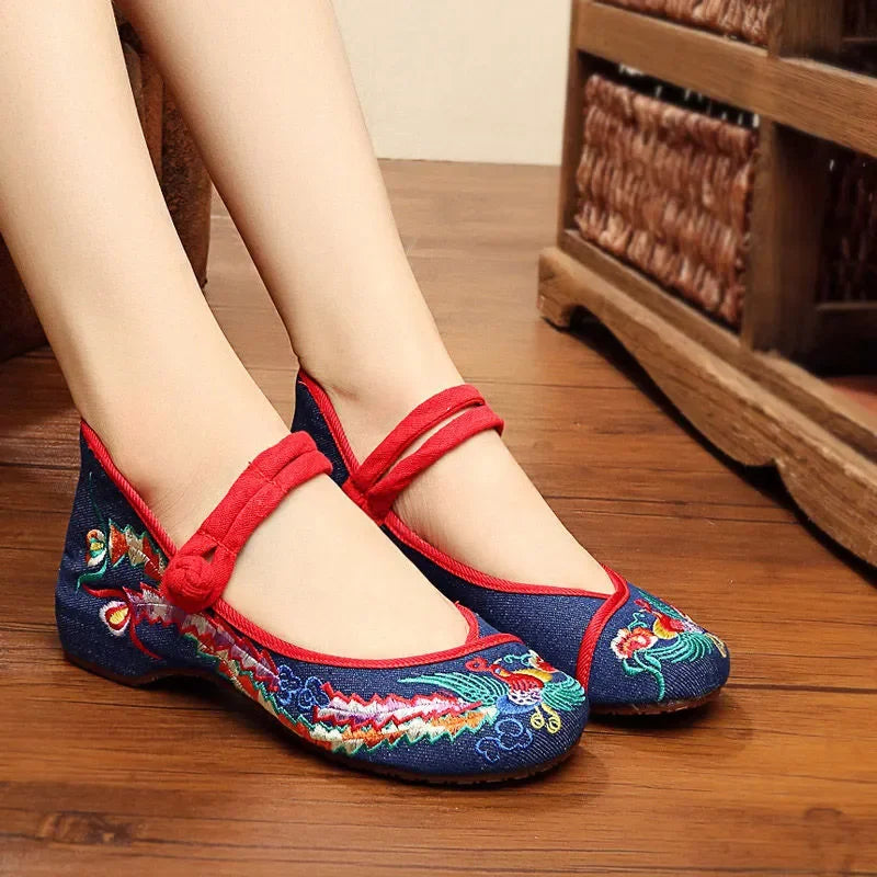 Retro Red Embroidered Ballet Flats Women Casual Anti Skid Hemp Flat Shoes 👡🌸