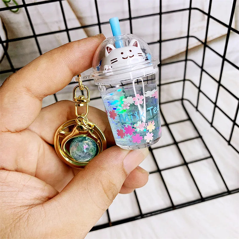 🌸 Cute Cat Milk Tea Keychain 🐱✨ Adorable Sakura Car Pendant Gift! - Pixie Quill