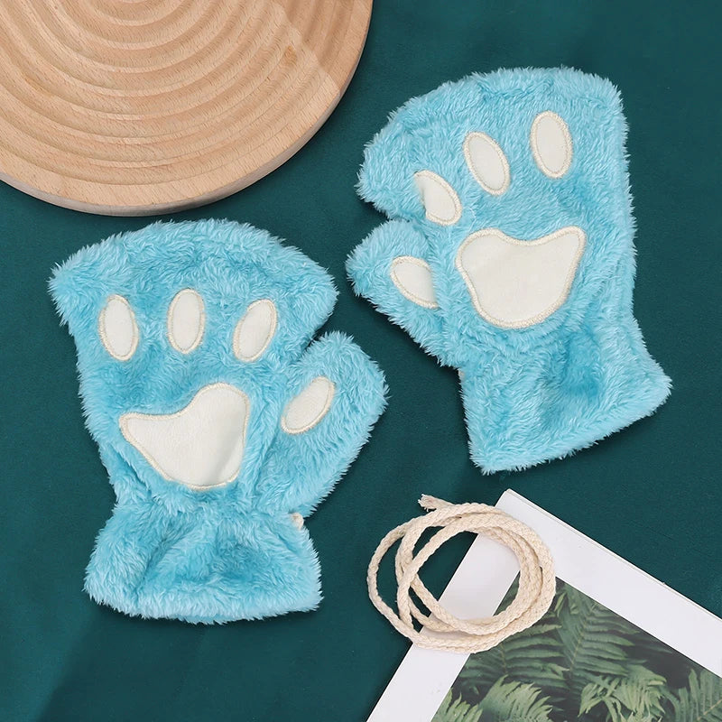 Kawaii Cat Paw Half Finger Gloves 🐾❄️ Cozy & Cute Fluffy Design!