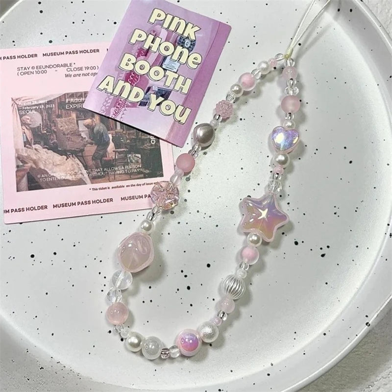 Korean Y2K Pink 3D Star Beaded Phone Lanyard Charm For All Phones 📱💗