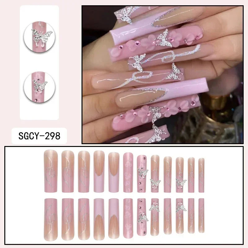 ✨ Kawaii Glitter Blue French Ballerina Press-On Nails - 24Pcs Love Stripes Design 💖💅 Full Cover Acrylic Nail Tips!