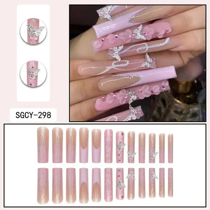 ✨ Kawaii Glitter Blue French Ballerina Press-On Nails - 24Pcs Love Stripes Design 💖💅 Full Cover Acrylic Nail Tips!