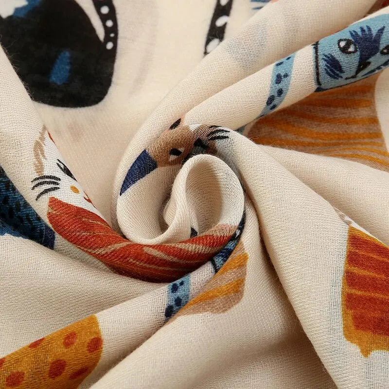 Playful Cat Print Fringed Scarf Women Cotton Viscose 180x85 Cm 🐈✨