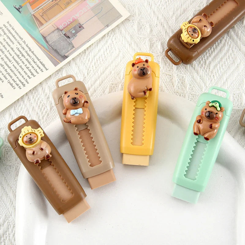 Kawaii Push Pull Capybara Eraser Cute Funny Pencil Rubber Kids Telescopic Eraser Office Supplies School Stationery Gift