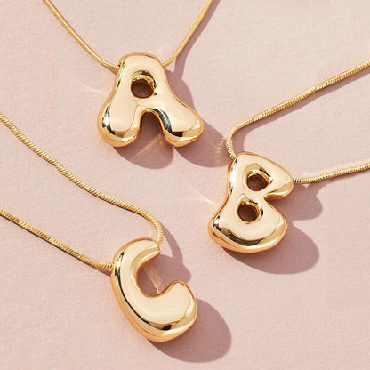 Kawaii Golden Initial Necklace 🌟✨ - Chunky Bubble Letter Pendant for Trendy Girls 💖🎀 - Perfect Gift Jewelry!