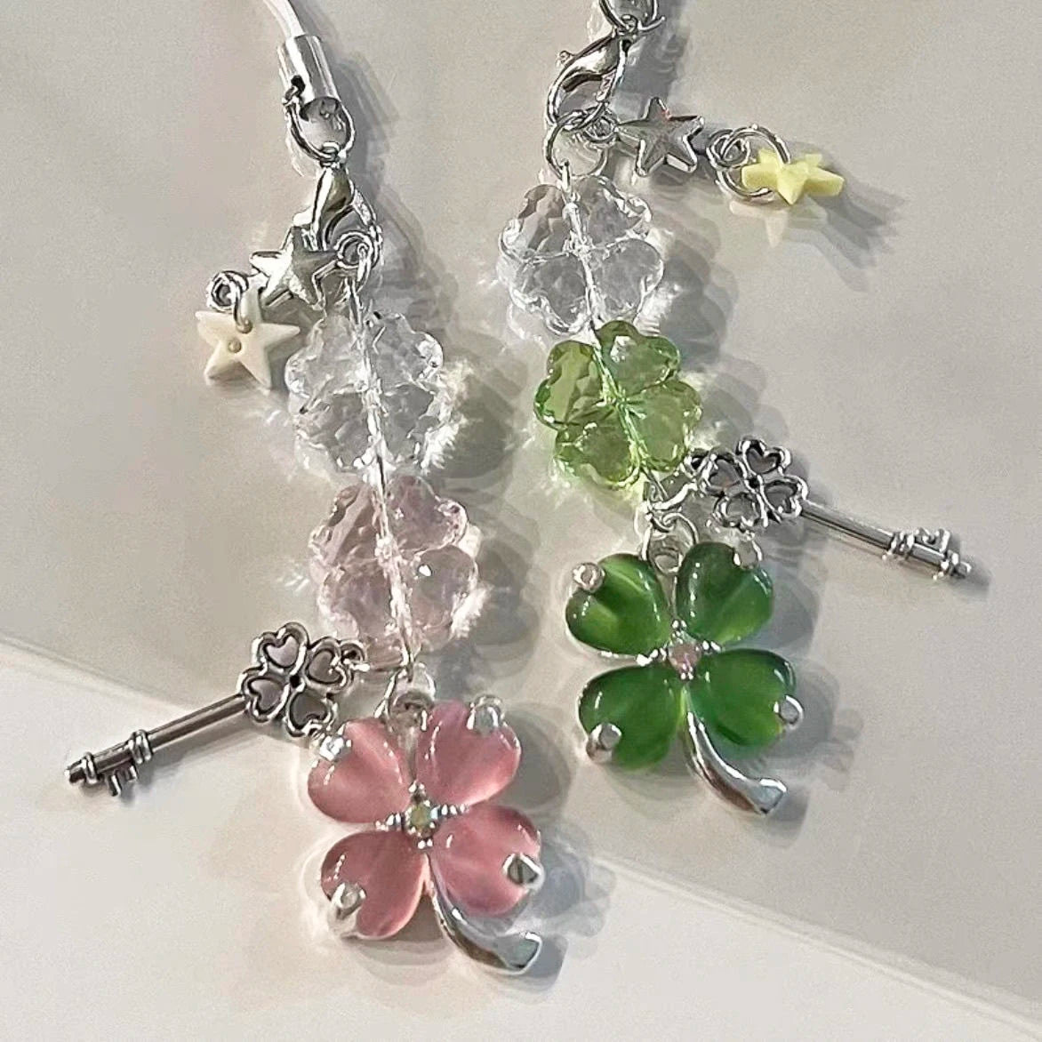 Delicate Pink Green Crystal Lucky Plant Keychain Charm 🍀🌸 Cute Phone Ornament