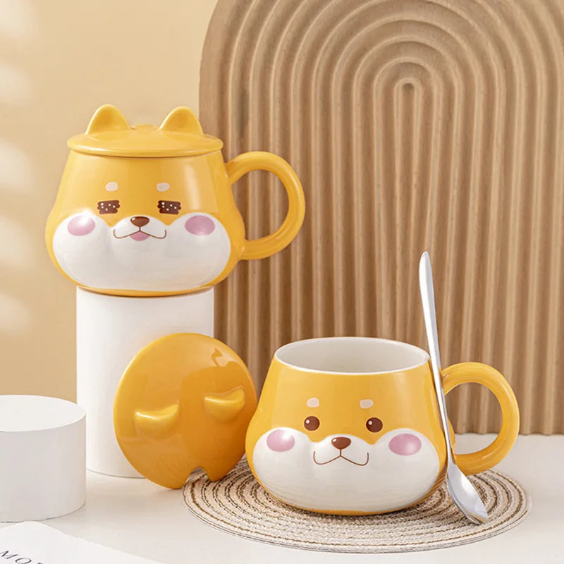 Kawaii Shiba Inu Mug with Lid - Adorable Ceramic Cup for Coffee & Tea ☕🐕✨