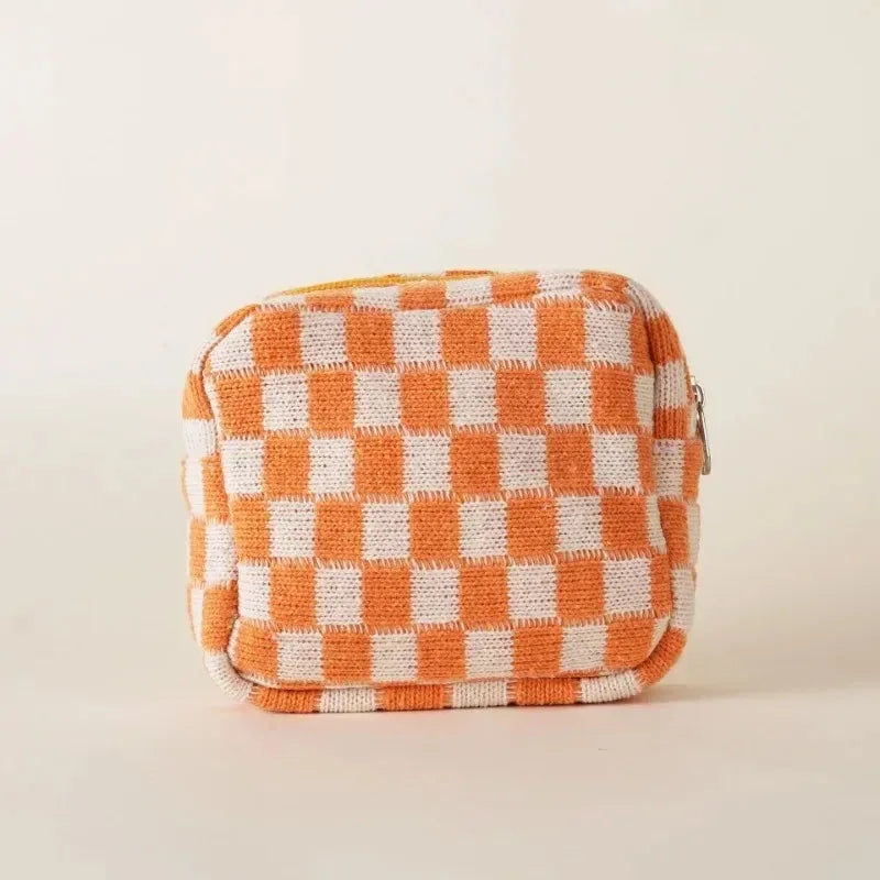 Kawaii Colorful Knitted Checkerboard Mini Makeup Pouch 🎀✨ - Portable Cosmetic Bag for Women 💖👜