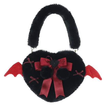 Kawaii Plush Heart Shoulder Bag 💖✨ | Fluffy Bow Armpit Bag 👜 | Cute Winged Lolita Aesthetic Fashion