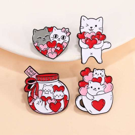 Charming Kawaii Cat Love Enamel Pins - Adorable White Kitten Heart Brooches for Pet Lovers 💖🐾✨